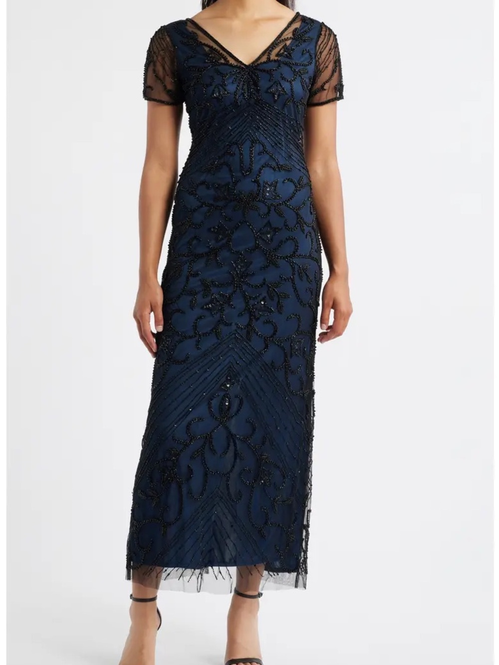 Pisarro Nights • NWOT $270 USD Beaded Mesh Column Gown PTP 17-22” Sz 14